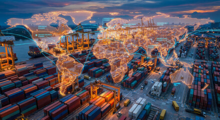 Smart global logistics port with glowing holographic world map interface at night
