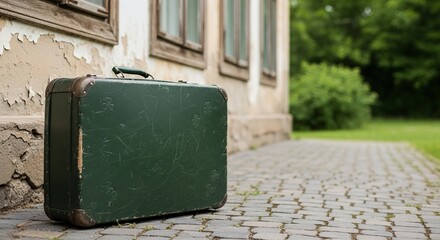 Vintage green suitcase beside old building wall