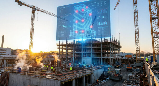 Smart construction site with glowing holographic digital twin building interface at sunset