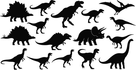 Dinosaur silhouettes vector set, prehistoric animals, T-Rex, Triceratops, Stegosaurus, Brachiosaurus, Pterodactyl, Jurassic creatures, paleontology illustration design collection © Creative Crave