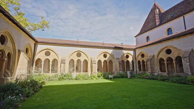 Cloister Garden Courtyard at a Historic Monastery in Neuch&acirc;tel, Switzerland.Filmed on September 17, 2025.
