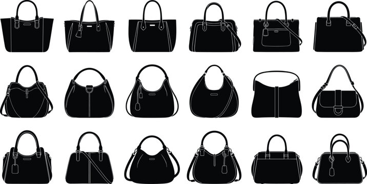 Handbag silhouettes vector set, fashion accessories, purse designs, shoulder straps, short handles, decorative elements, retail catalog, style illustration collection