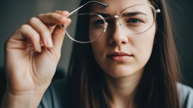 Young woman experiencing vision problems, struggling with blurred sight, needing optical correction, trying on new spectacles, eye health awareness, optometrist consultation