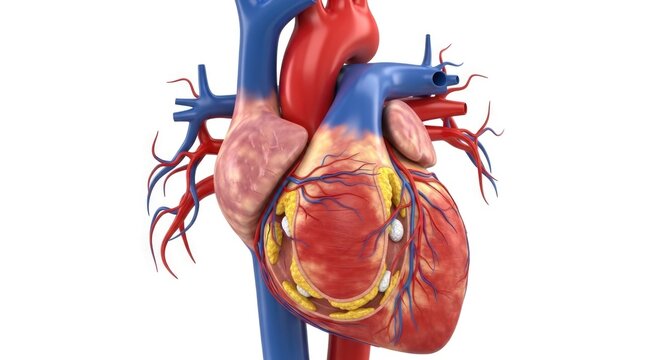 Detailed anatomical illustration of the human heart, showcasing cardiovascular health, disease prevention, and the intricate structures involved in cardiac function and treatment support