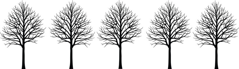 Obraz premium Leafless tree silhouettes vector set, bare branches, forest illustration, nature design, winter trees, seasonal art, botanical pattern, landscape graphic collection