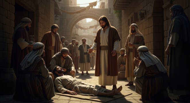 Jesus Christ healing a paralytic man with compassion and divine intervention, surrounded by devoted followers in an ancient street setting, symbolizing hope and recovery