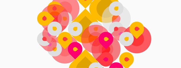 Abstract composition featuring overlapping circles. Pink, orange, yellow hues dominate white background. Modern, playful design.