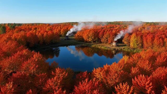 Aerial view of a pond surrounded by autumn trees and steam engines