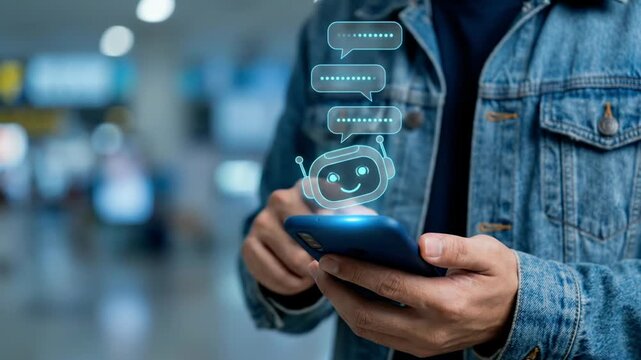 Person holding a smartphone with a glowing AI chatbot icon and speech bubbles. Concept for customer service automation, artificial intelligence communication, and digital assistant technology.