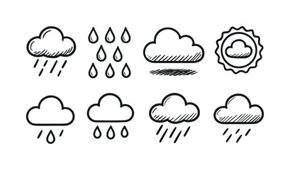 Obraz premium Weather, climate outline icon set. rain, sun, cloud symbols linear collection