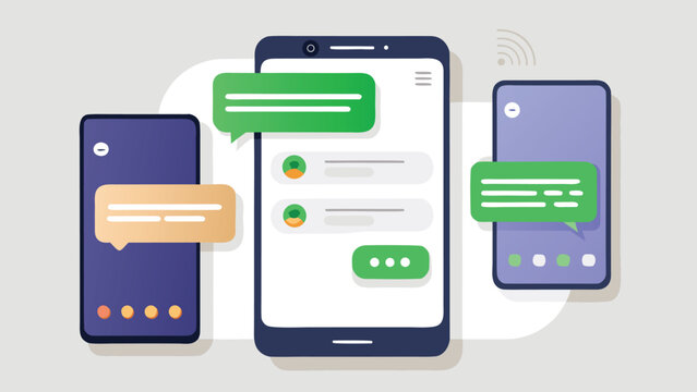iMessages dual chat interface mockup with bubble conversations keyboard, modern unified messaging layout, messaging experience vector illustration, Modern Mobile Messaging UI with Smartphone Screens