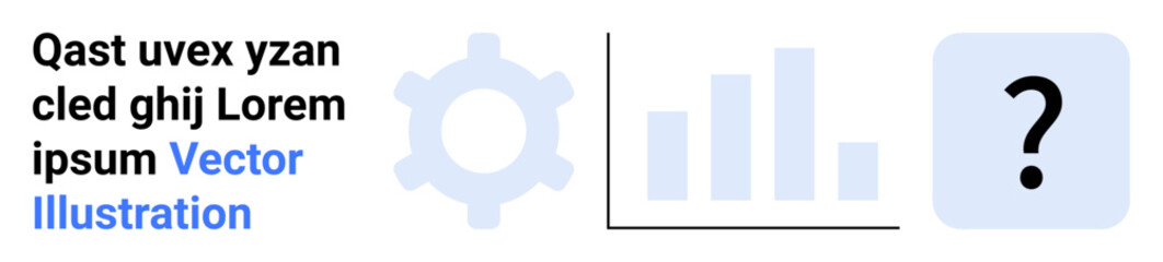 Business strategy, analytics, problem-solving, technology, research, data visualization. Gear, bar chart and question mark symbols on a white background. Business strategy and analytics