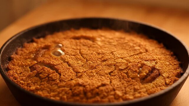 Golden brown corn bread baked in cast iron skillet with bubbling butter