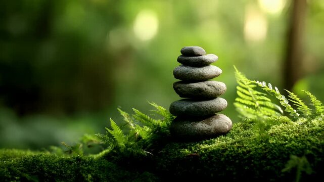 Zen Buddhism, meditation, inner peace, Chinese Japanese Asian tradition. Therapy stress release treatment, health lifestyle. A stack of pebbles balanced on a mosscovered rock.