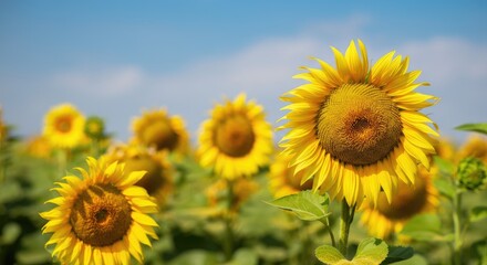 Fototapeta premium Bright yellow sunflowers in a sunlit field under a clear blue sky, close-up view of blooming flower heads