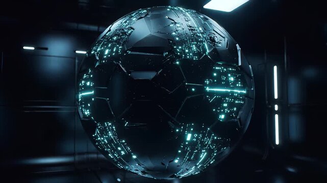Futuristic Tech Sphere: A captivating representation of advanced technology, showcasing a sleek, spherical construct adorned with intricate digital components and illuminated by a cool.