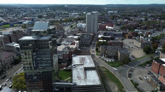 Aerial view of Worcester Massachusetts - American city skyline 