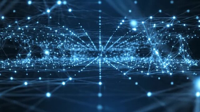 A complex network of blue lines and dots representing data exchange and connections on a dark background with a glowing effect
