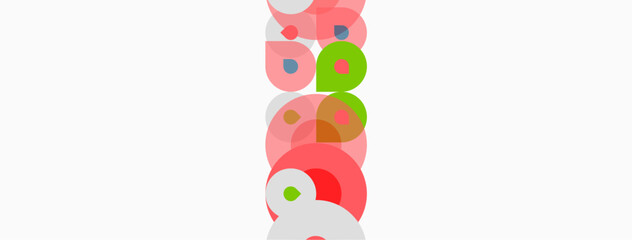 Abstract composition featuring overlapping circles. Pink, green, gray hues dominate white background. Simple geometric forms create visual interest.
