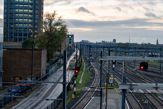 Urban view, transportation in the Netherlands, railroad and modern construstion of railway station