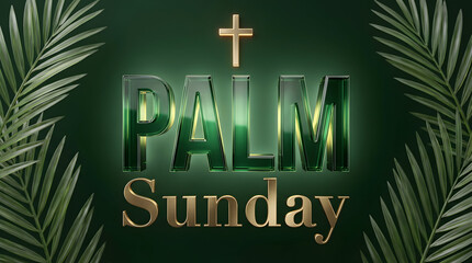 Palm Sunday Church Event 3D Text and Palm Leaves Palm Sunday Event Text with Cross and Palm Leaves
