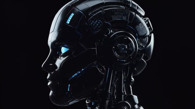 Futuristic Android Portrait: A sleek, metallic android head is showcased against a deep black backdrop.