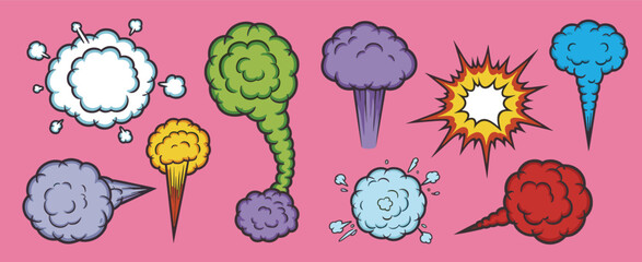Assortment of Comic Book Style Explosion and Smoke Cloud Illustrations on Pink boom bang © Maru