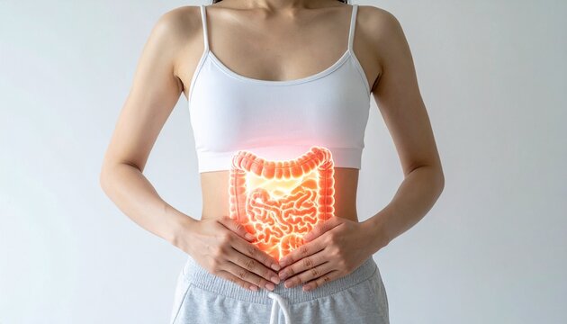 白いキャミソールでお腹を両手で押さえる女性に腸内の光るホログラムが透けて見える消化健康イメージ
