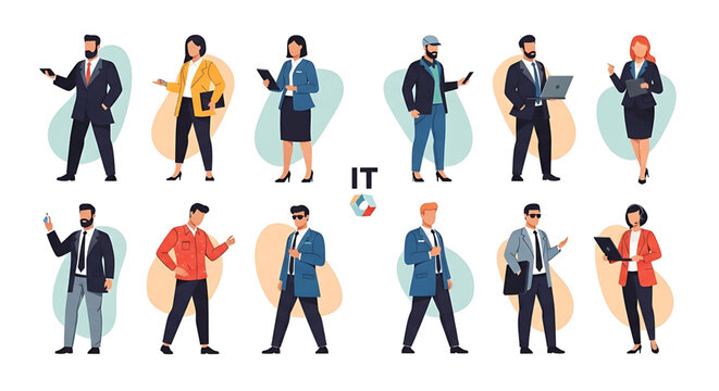 A vector graphic illustration of diverse IT professionals in business attire standing in various poses.