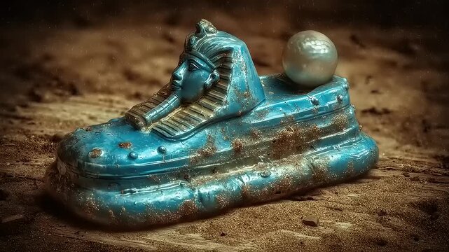 Anomalous Artifact: Blue Sphinx-Shaped Vessel Displaying a Spherical Element on a Desiccated Surface