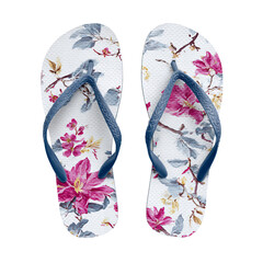 Pair of White Flip Flops with Pink Floral Pattern and Blue Straps Design