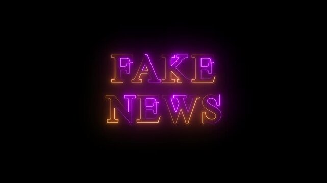 Glowing neon fake news text sign on dark background. Bright red and blue luminous typography with warning concept. Modern media misinformation theme, digital propaganda, online rumors