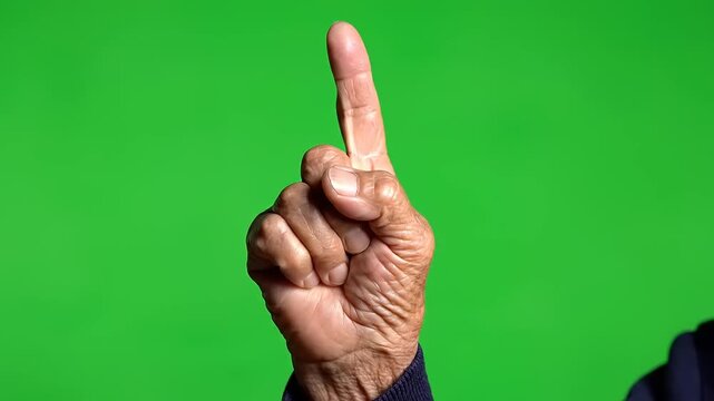 Close-up of an elderly hand on a green screen
