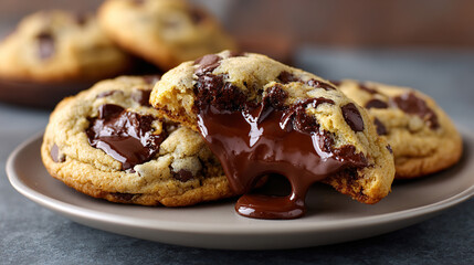 Warm chocolate chip cookies with gooey chocolate centers on plate