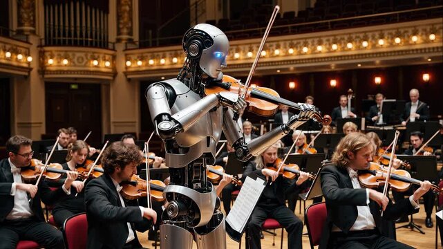 AI robot playing violin with human orchestra in concert hall. Artificial intelligence musician performing classical music on stage. Futuristic technology concept
