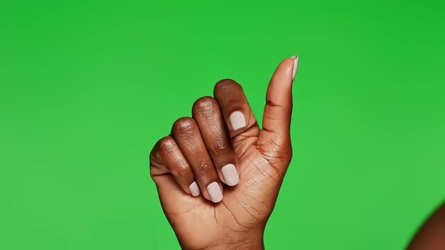 Close-up of a dark-skinned hand with light nude nail polish performing an 'L' shape and pointing gesture against a vibrant green screen background