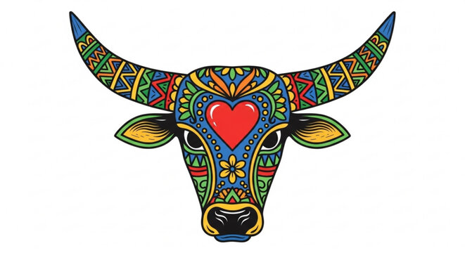 Vibrant Boi-Bumb&aacute; Ox Head Folk Art Illustration