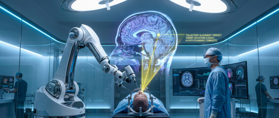 Naklejka premium Advanced robotic arm performing brain surgery with a large holographic head scan and AI trajectory data, monitored by a surgeon in a futuristic operating room