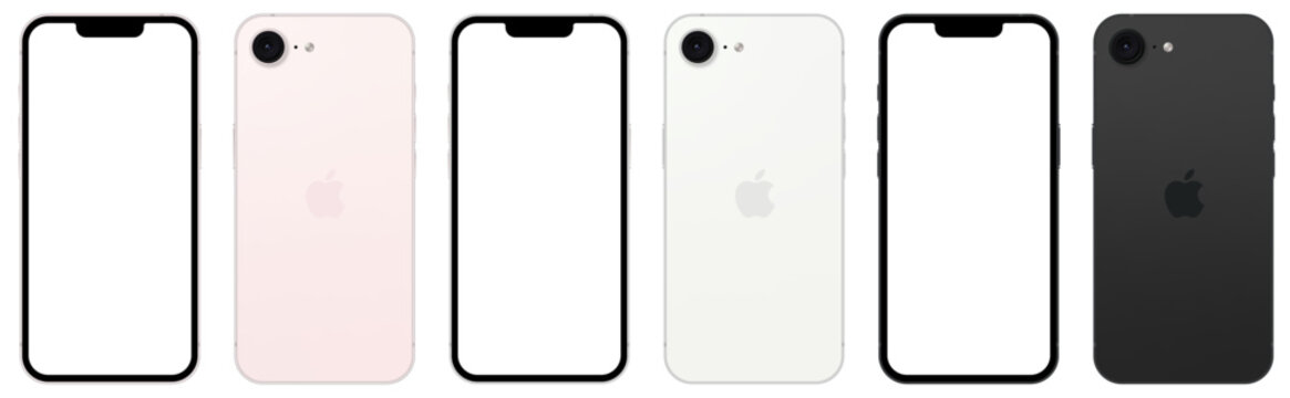 Iphone 17e set mockup. Back and front side of the phone. Soft Pink, white, black Mock-up screen iphone. High Quality. Official presentation. Editorial.