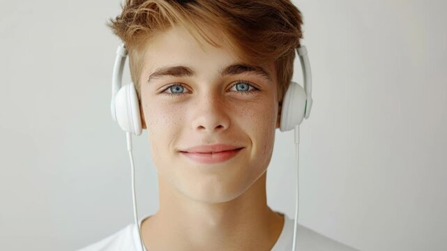 Listening Serenity: A young, fair-haired individual finds peace in music, donning headphones and gazing serenely.