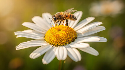 Fototapeta premium A bee sits on the center of a daisy flower, collecting nectar. Bright sunlight shines, highlighting the petals. Flowers bloom in the background of a vibrant garden