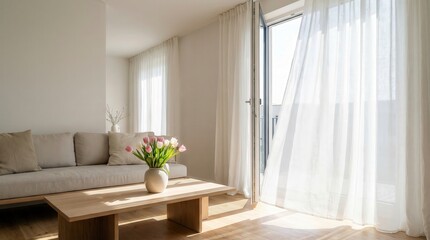 Fototapeta premium Sunlight fills a living room with a sofa and a wooden table. A vase of tulips sits on the table. The balcony door is open and sheer curtains flutter in the breeze