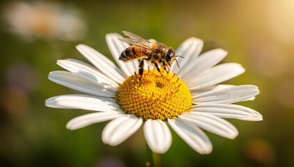 A bee lands on a daisy flower to collect pollen. The sun shines bright in the background, showing a green landscape with other flowers around. This scene takes place in spring