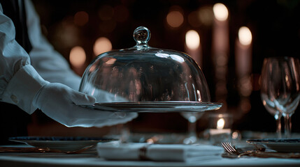 Waiter serving gourmet meal in fine dining restaurant