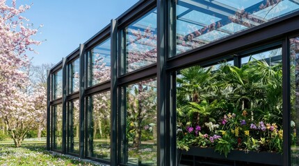Fototapeta premium A glass greenhouse stands with large windows showing vibrant plants and flowers inside. Outside, cherry blossom trees add color under a bright blue sky in spring