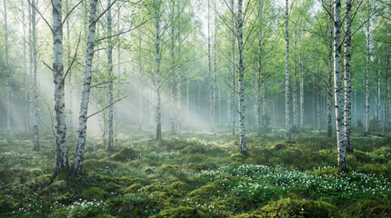 Fototapeta premium Light filters through tall birch trees in a forest during spring. The ground is covered in green moss and white wildflowers. The scene is filled with fresh leaves