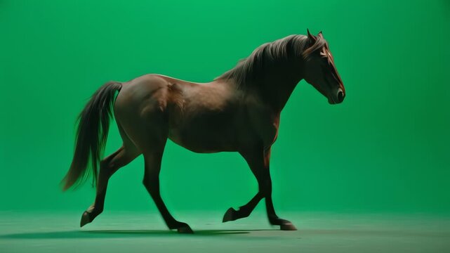 Brown horse walking dynamically on green screen for visual effects compositing