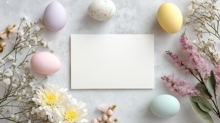Blank stationery card mockup with pastel Easter eggs and spring flowers. Easter greeting card template. Blank card surrounded by colorful Easter eggs and delicate spring flowers on pastel background