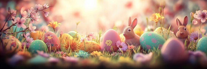 Fototapeta premium Little bunnies finding colorful Easter eggs in spring garden. Cute bunnies celebrating Easter surrounded by decorated eggs and blooming cherry blossoms