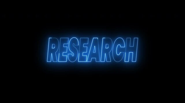 Research and development text animation in blue neon on black background. 4k animated typography suitable for opener videos, tech presentations, educational materials, information technology.